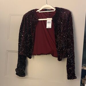 Mango Deep Red Cropped Sequin Jacket NWT size medium